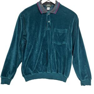 VTG Velour Blake & Hollister Grandpa Shirt 70s Long Sleeves Collar Teal XL